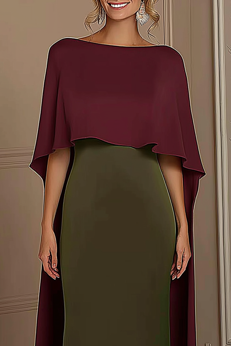 Evening Formal Dress Red Green Boat Neck Cape Floor-Length Gown