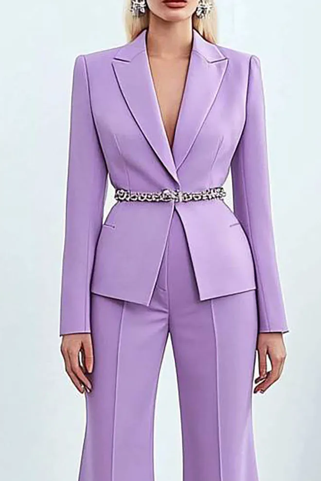 Semi-Formal Party Suit Purple Long Sleeve Belt Wide-Legged Pants Set