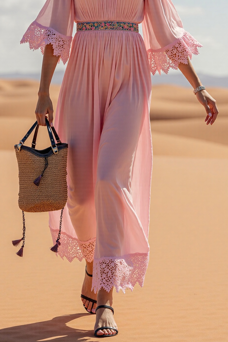 Bohemian Casual Dress Pink V-Neck Lace Trim Chiffon Maxi Dress
