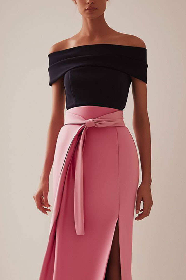 Elegant Color-Block Dress Off-Shoulder Front Slit Belted Maxi Dress