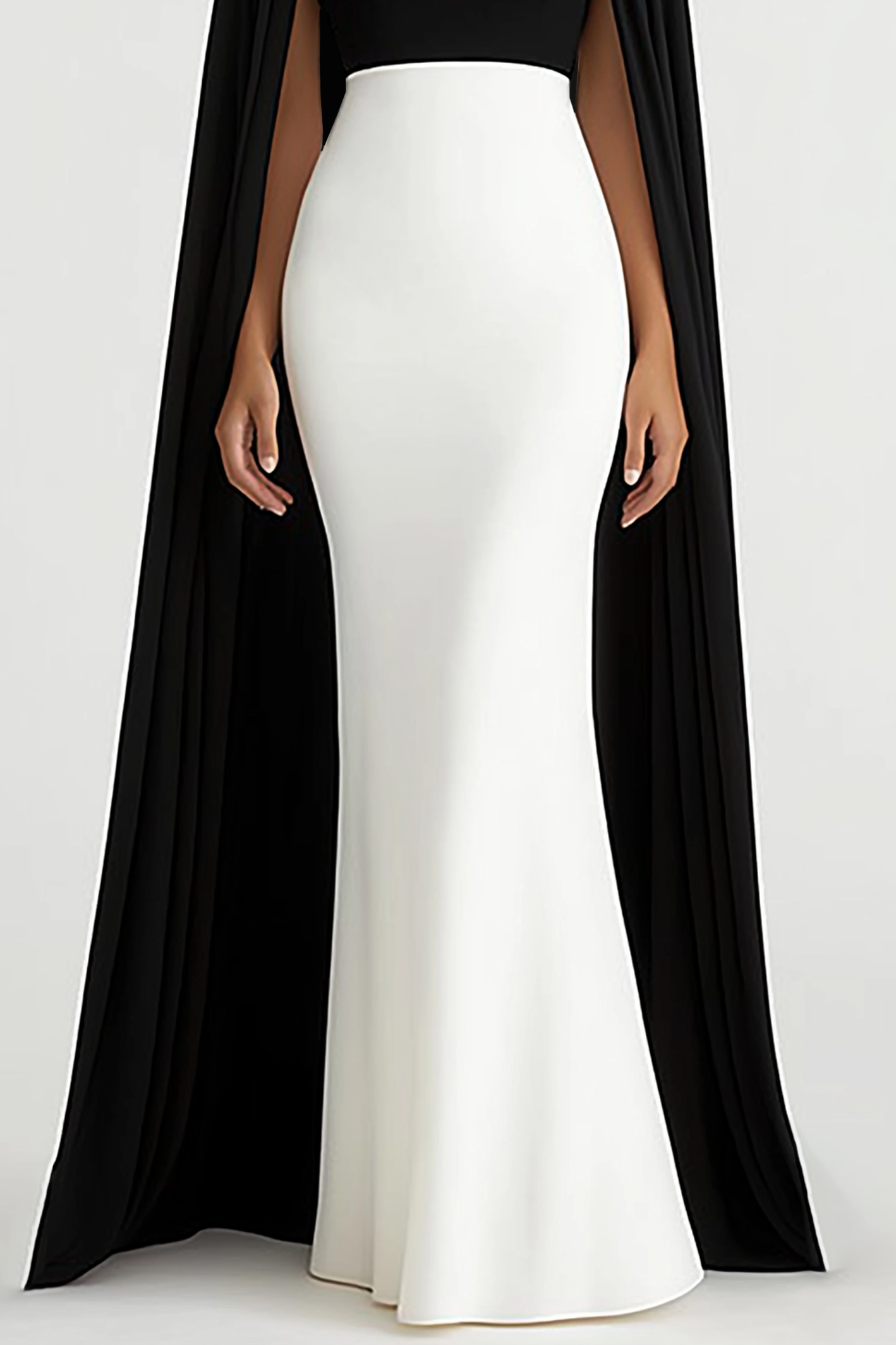Evening Formal Dress Black White V-Neck Cape Floor-Length Gown