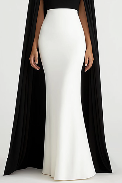 Evening Formal Dress Black White V-Neck Cape Floor-Length Gown