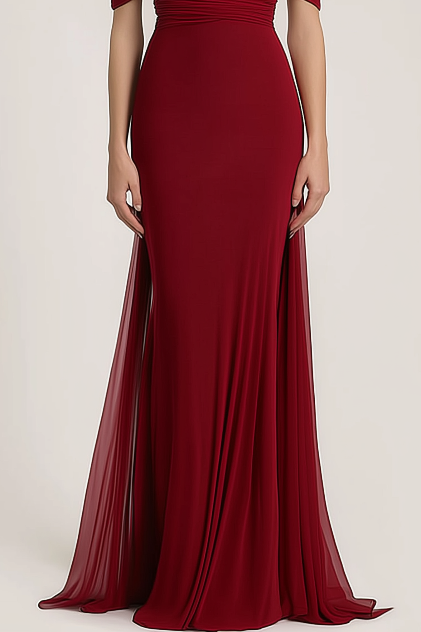Evening Formal Dress Red Off-Shoulder Chiffon Floor-Length Gown