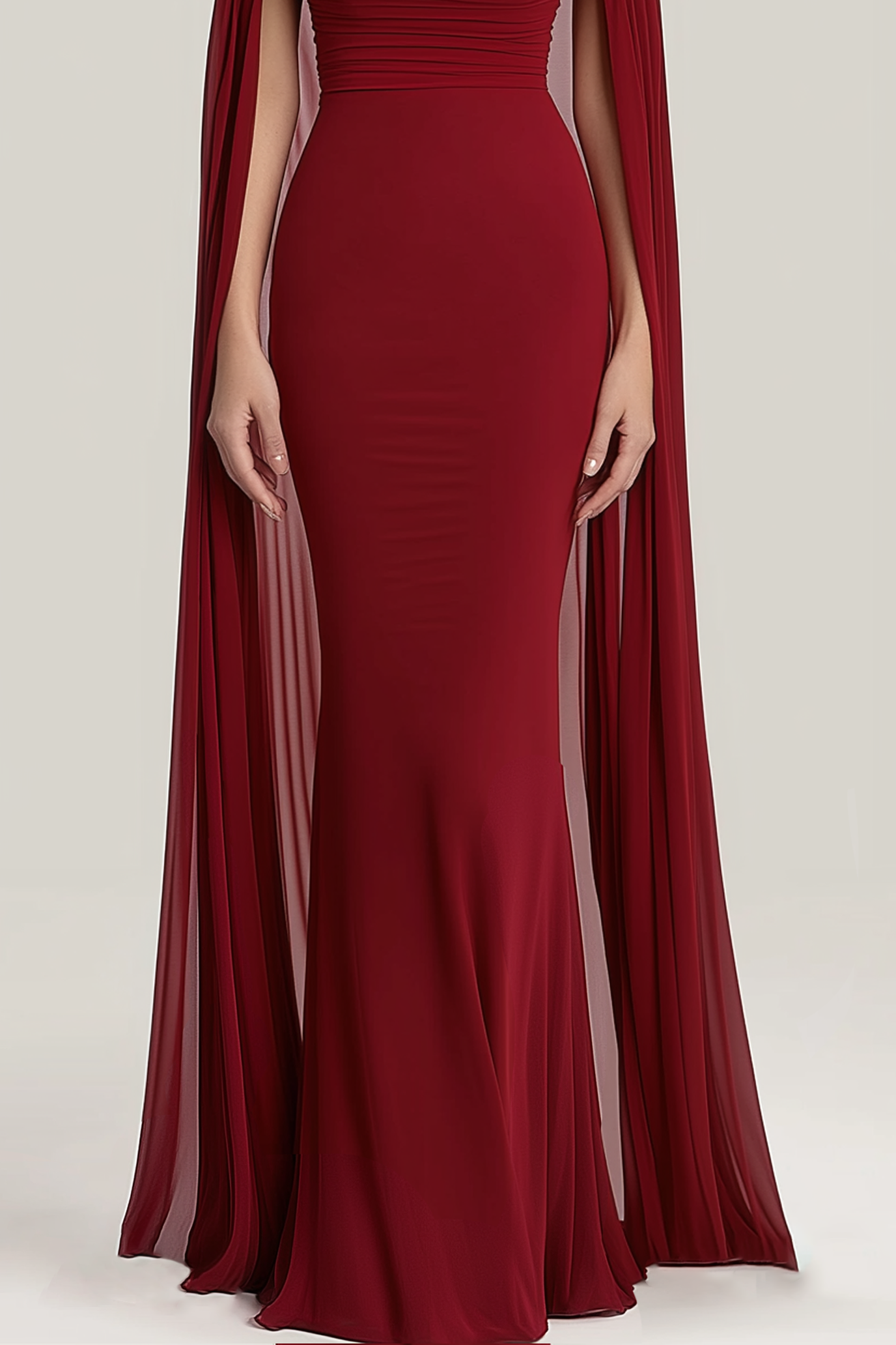 Evening Formal Dress Red Off-Shoulder Cape Chiffon Floor-Length Gown