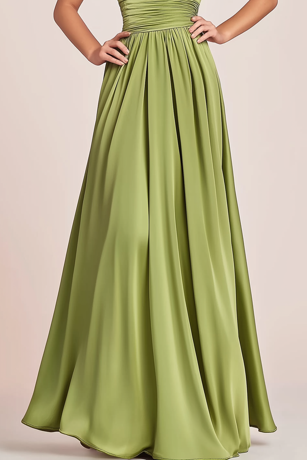 Wedding Guest Formal Dress Green Satin Flower Spaghetti Strap Floor-Length Gown