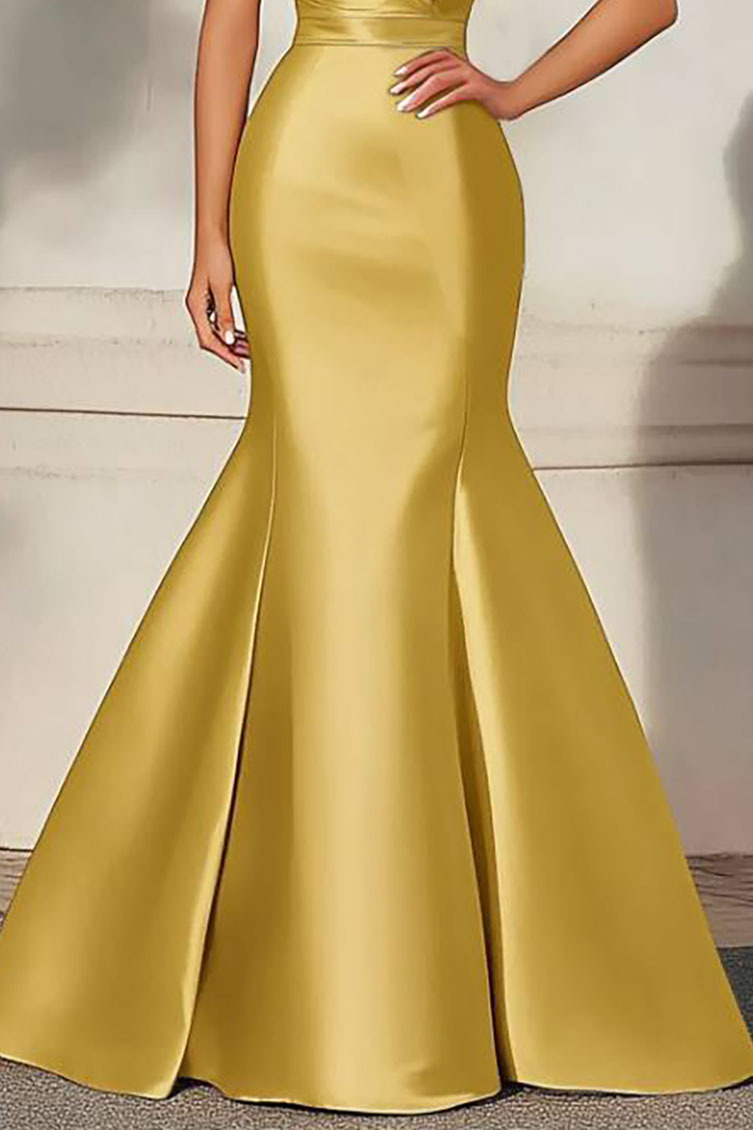 Formal Evening Dress Yellow Satin Deep V Mermaid Floor-Length Gown
