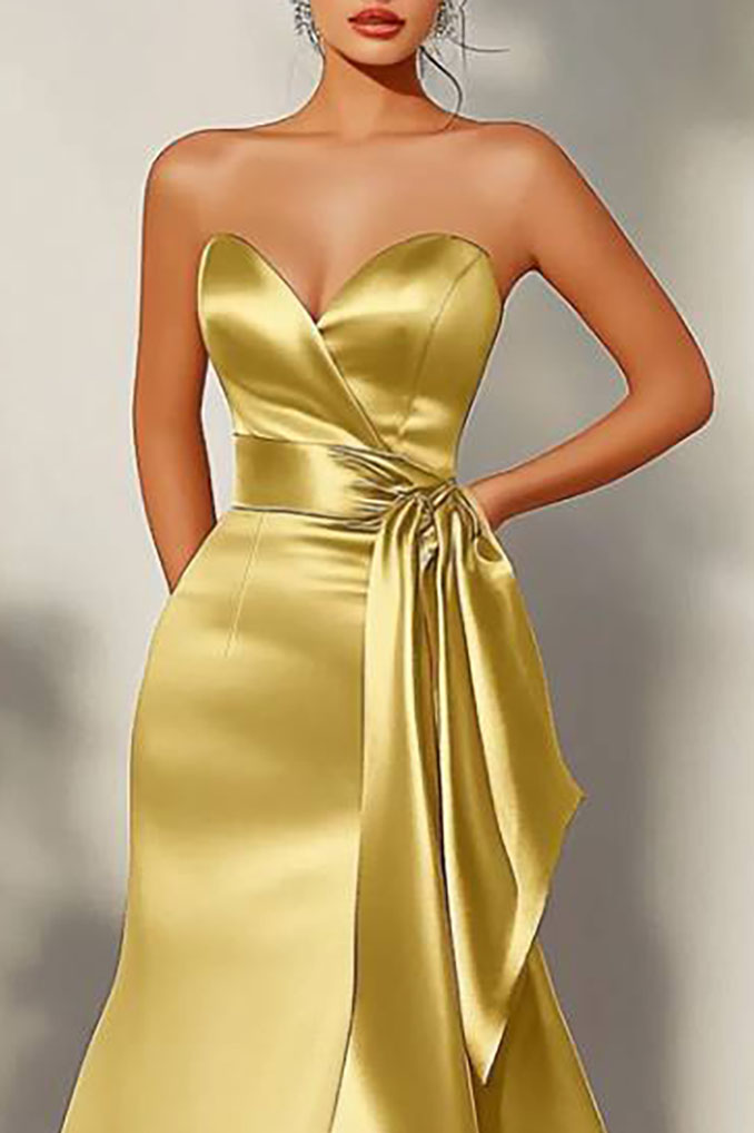 Formal Evening Dress Yellow Satin Strapless Floor-Length Gown