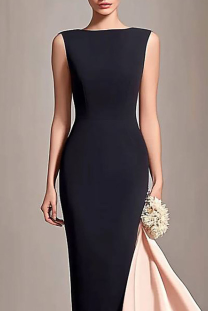 Semi-Formal Party Dress Black Pink Sleeveless Round Neck Fitted Maxi Dress