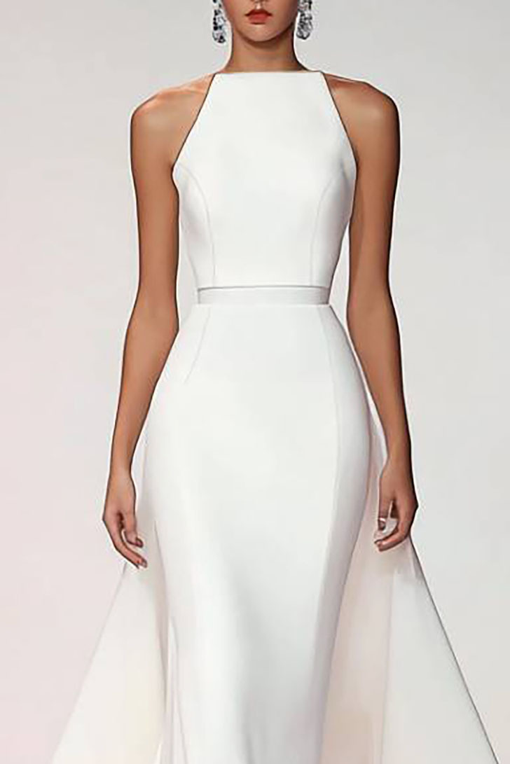 Formal Evening Dress White Halter Sleeveless Train Gown