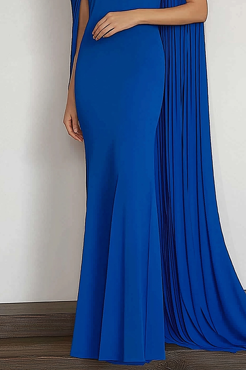 Evening Formal Dress Blue Round Neck Cape Mermaid Floor-Length Gown