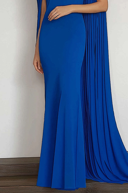 Evening Formal Dress Blue Round Neck Cape Mermaid Floor-Length Gown