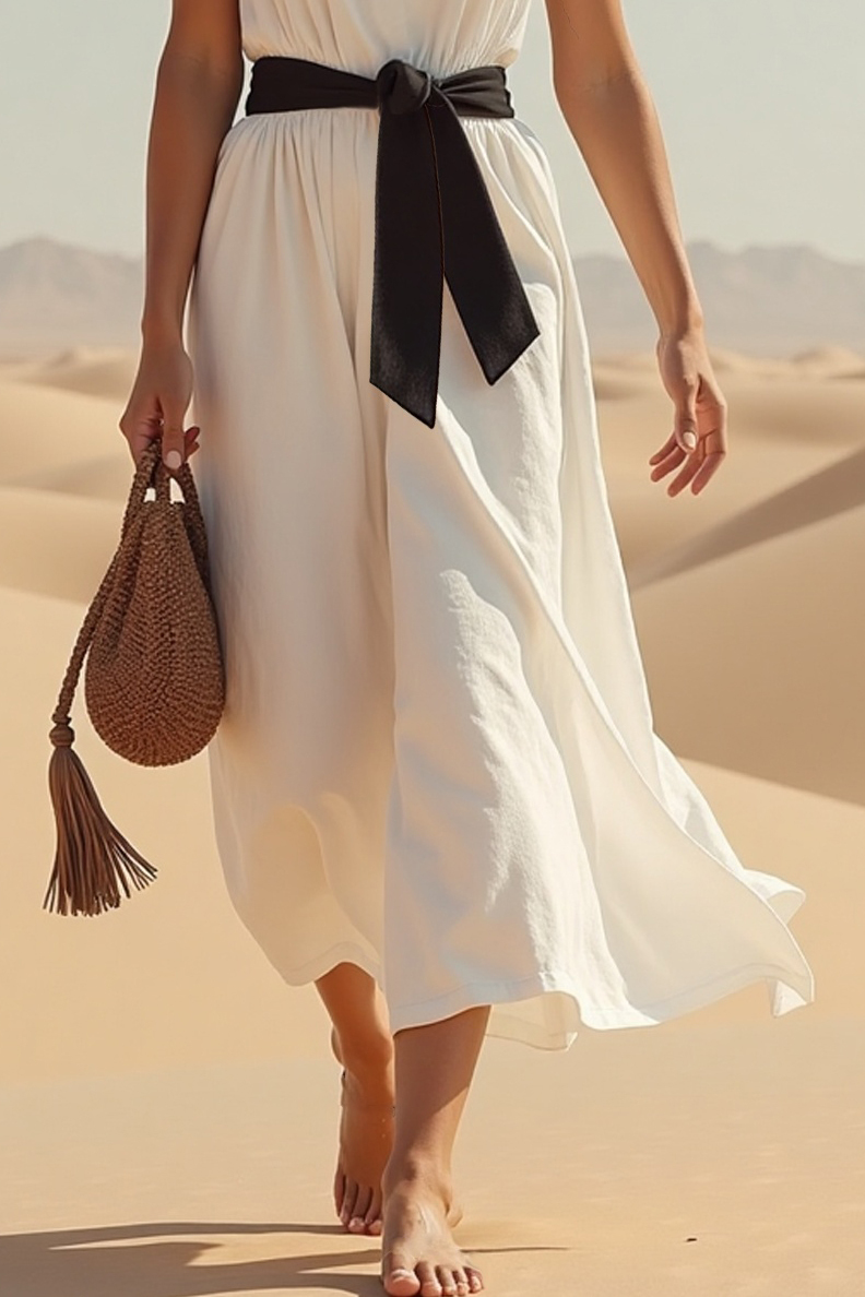 Casual Daily Dress Black White Spaghetti Strap V-Neck Tie Midi Dress