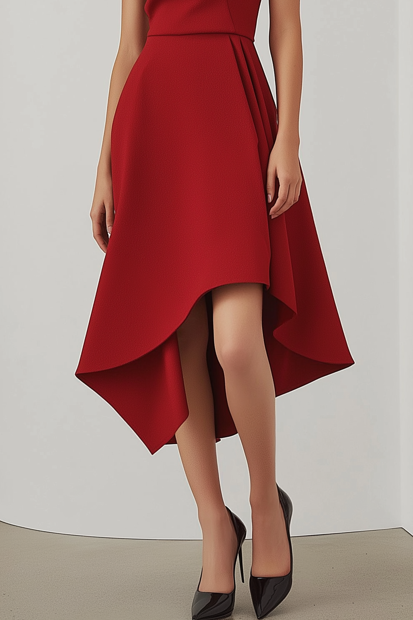 Party Semi-Formal Dress Red Round Neck Sleeveless Ruched High Low Dress