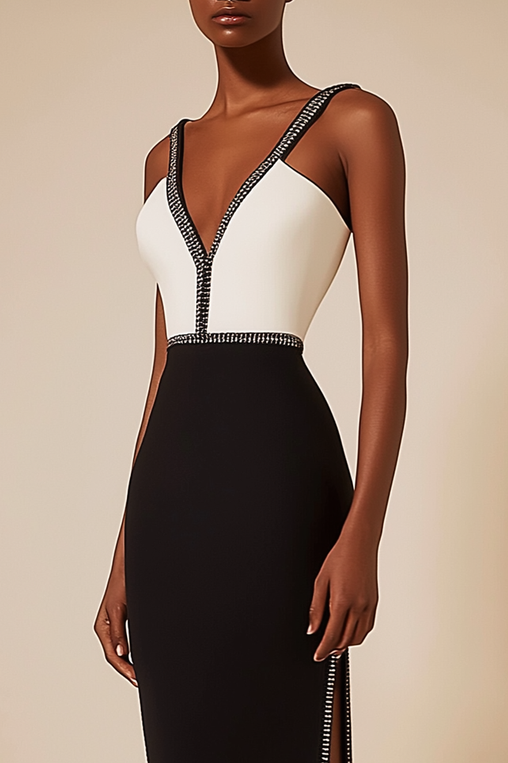 Cocktail Party Dress Black White Slip Sleeveless V-Neck Side Slit Midi Dress