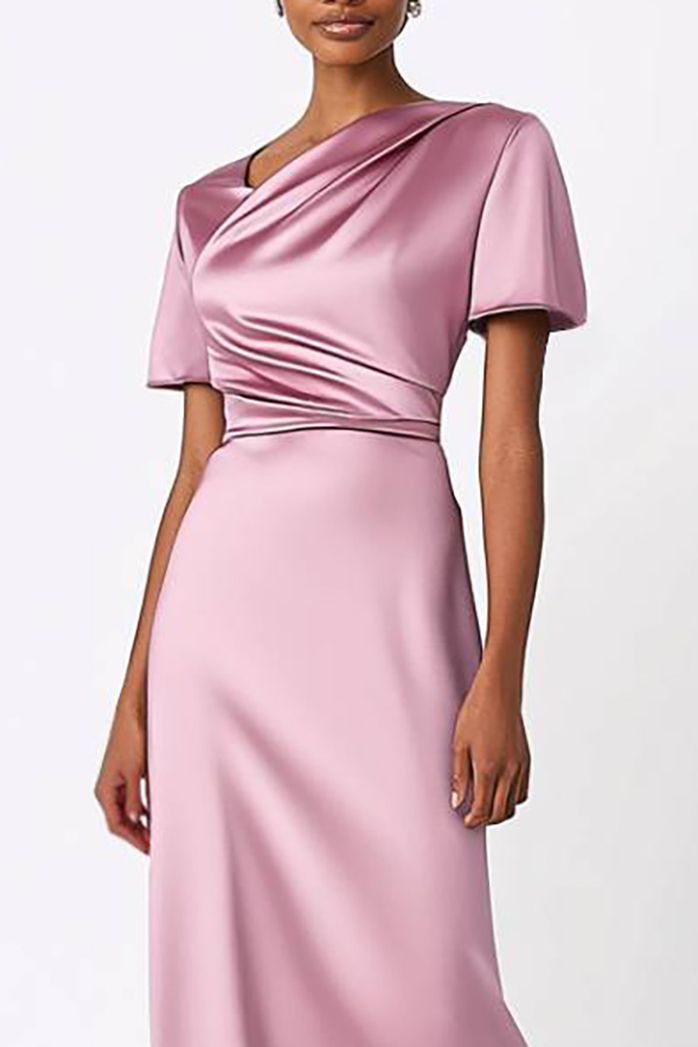 Wedding Guest Semi-Formal Dress Light Purple Satin Irregular Neck Midi Dress