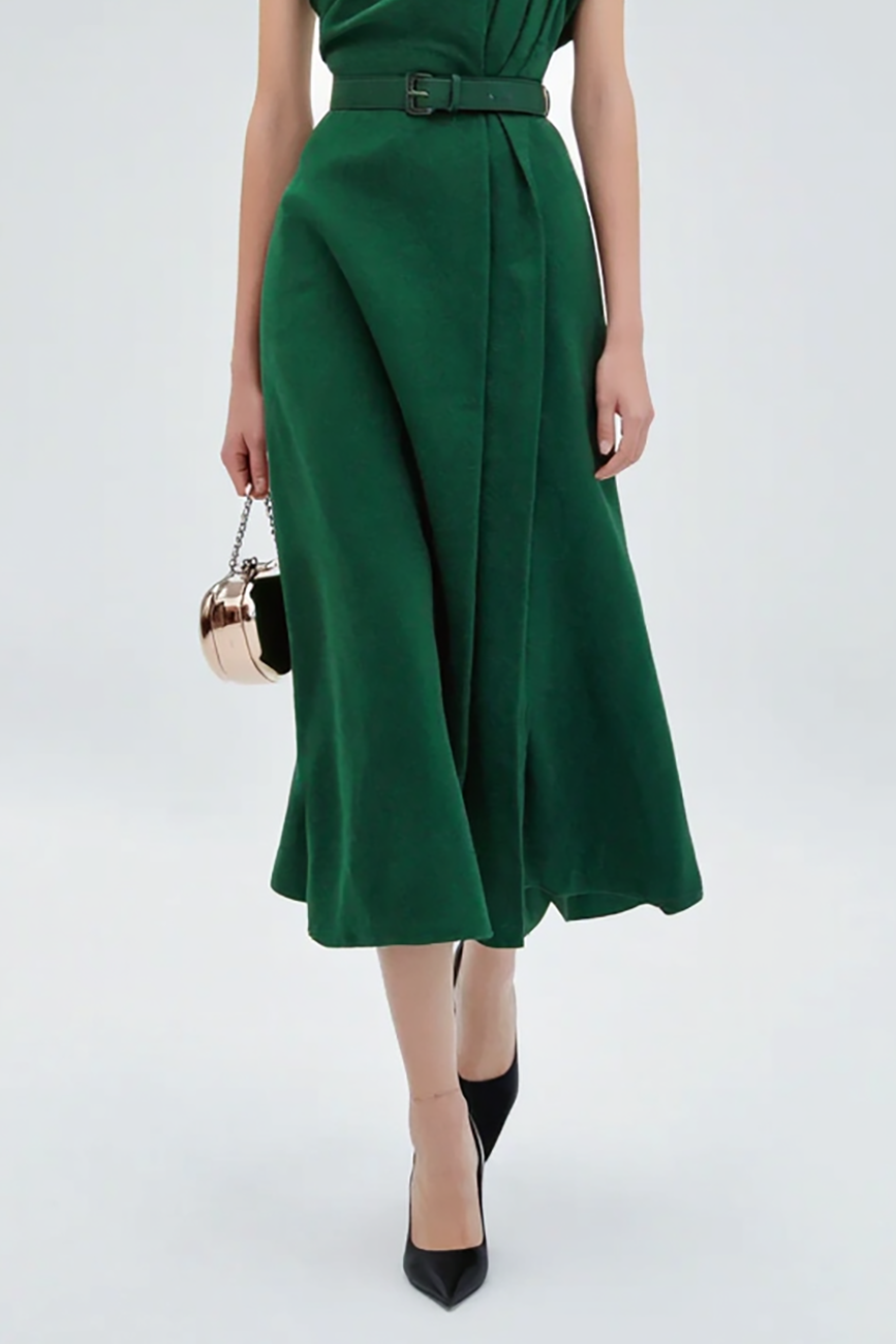 Chic Party Dress Green One Shoulder Ruched with Belt Midi Dress