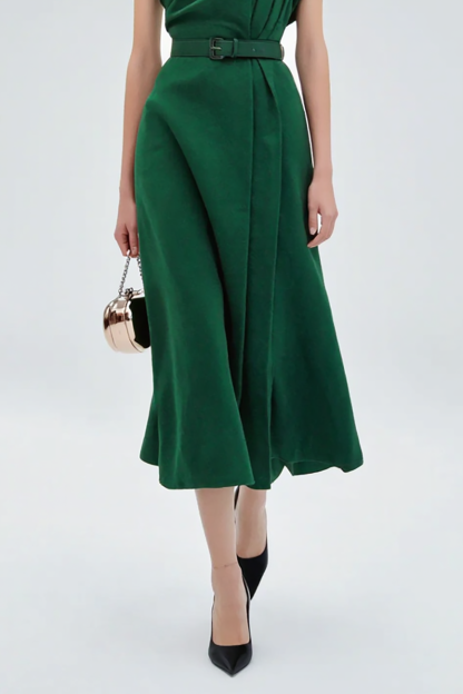 Chic Party Dress Green One Shoulder Ruched with Belt Midi Dress