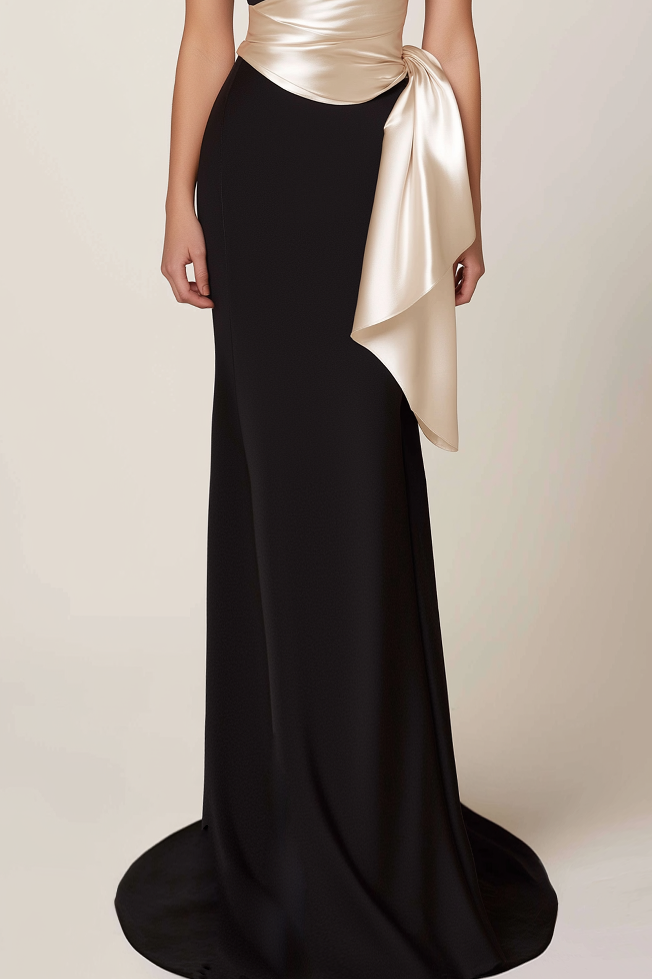 Formal Evening Dress Black One Shoulder Beige Belt Floor-Length Gown