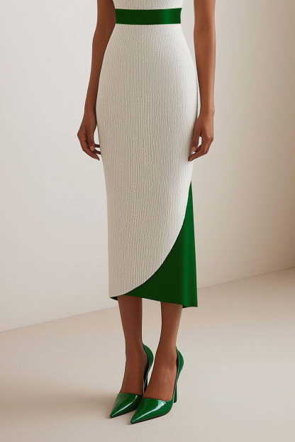 Semi-Formal Party Dress White Green Sleeveless Satin Waist Belt Midi Dress