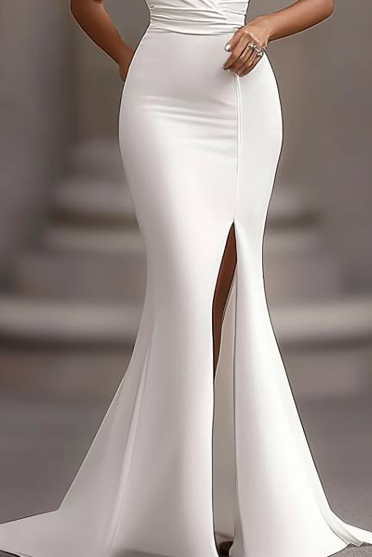 Formal Evening Dress White Sleeveless V-Neck Slit Mermaid Floor-Length Gown
