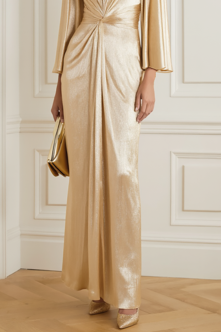 Formal Party Dress Gold V-Neck Long Sleeve Maxi Dress