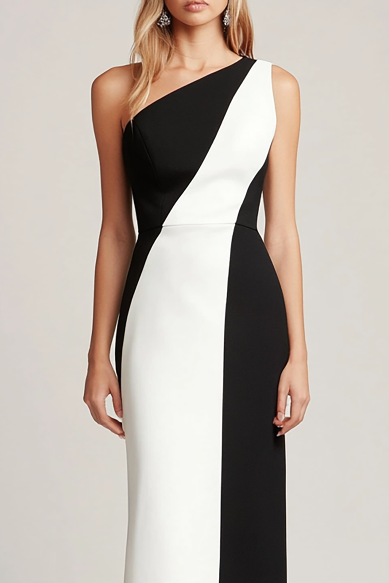 Evening One-Shoulder Color Block Dress Black White Asymmetrical Maxi Dress