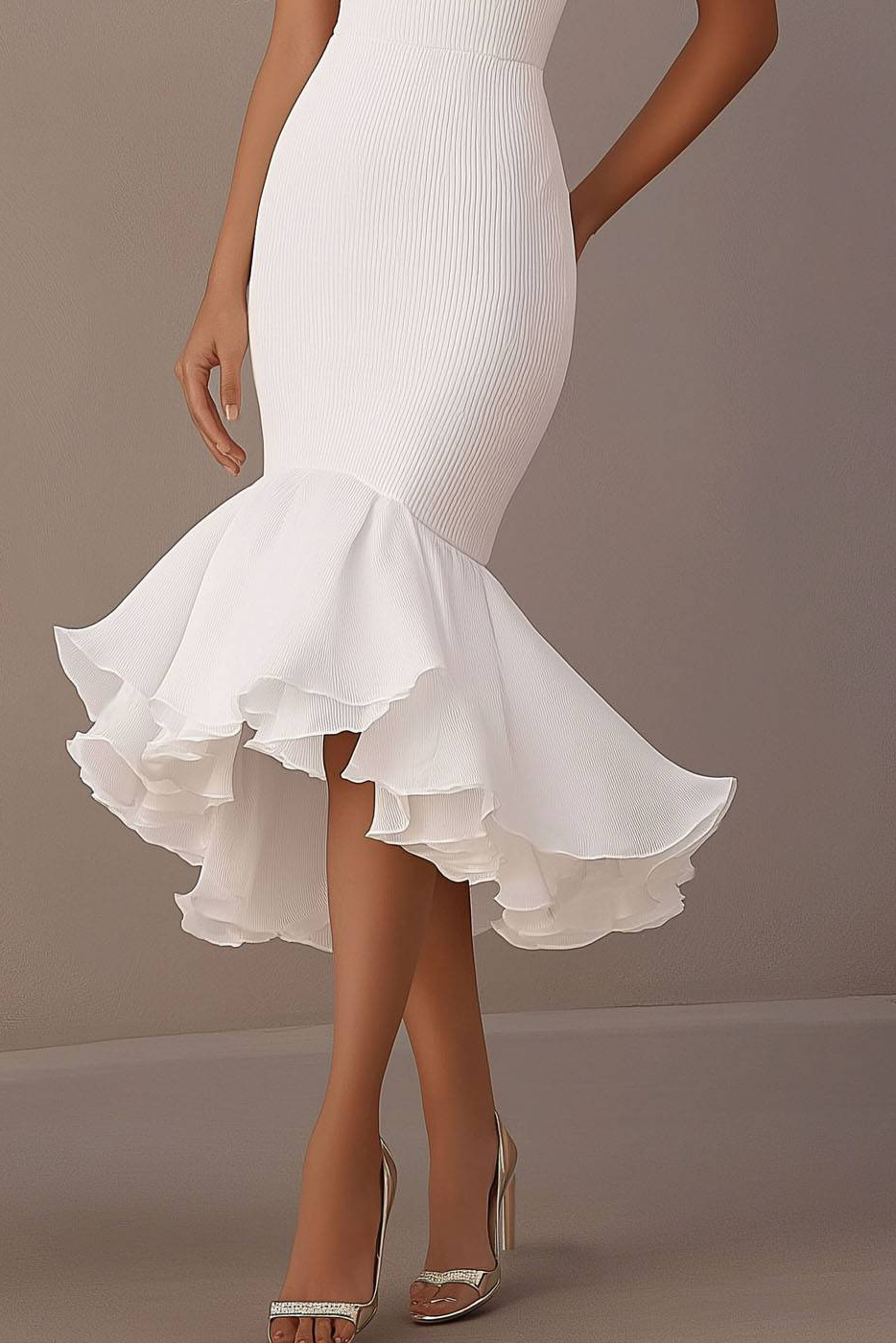 Cocktail Party Halter Neck Dress White Fitted Mermaid Midi Dress