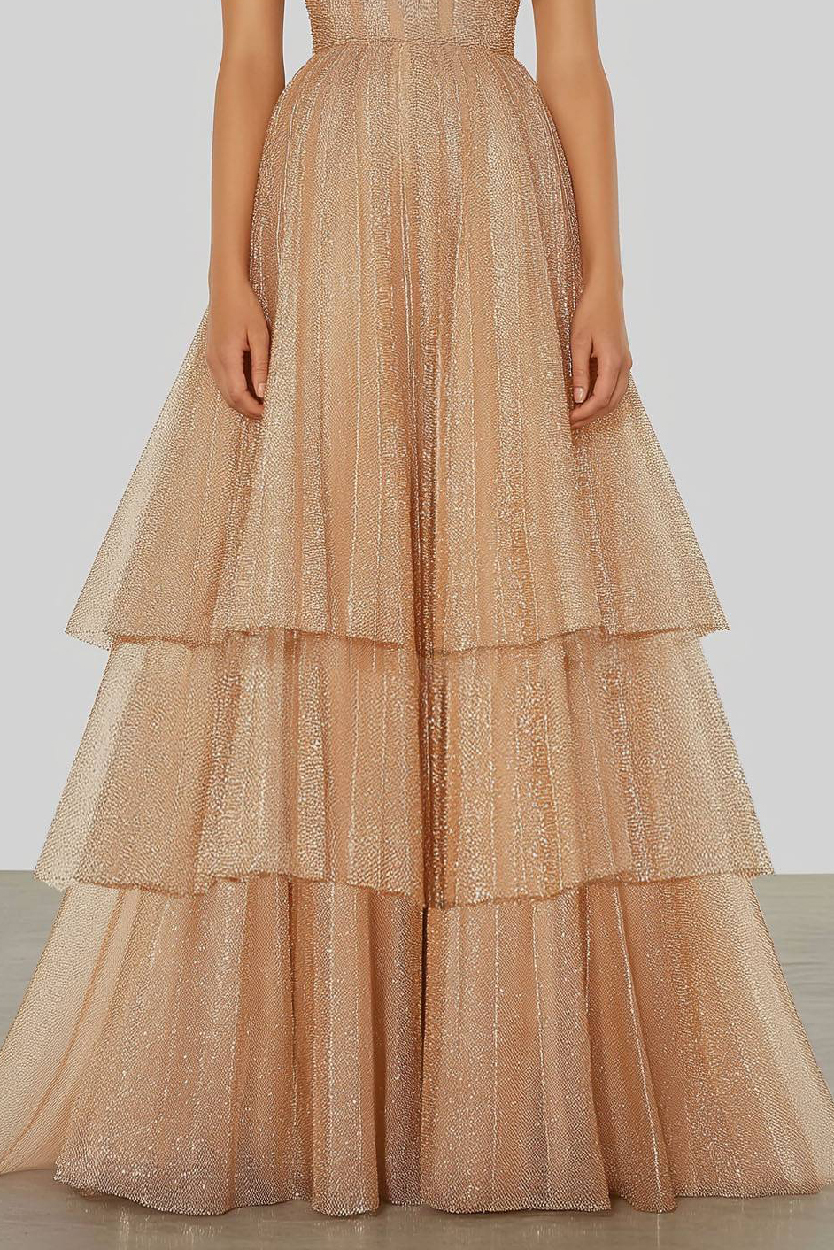 Evening Tiered Layer Dress Champagne Deep V-Neck Tulle Floor-Length Gown