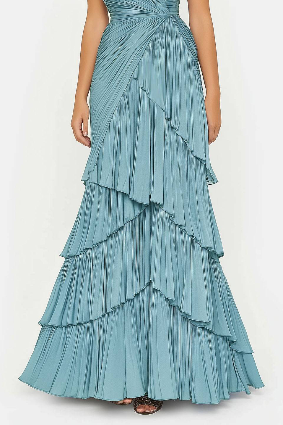 Formal Tiered Layer Dress Blue Sleeveless Pleated V-Neck Floor-Length Gown