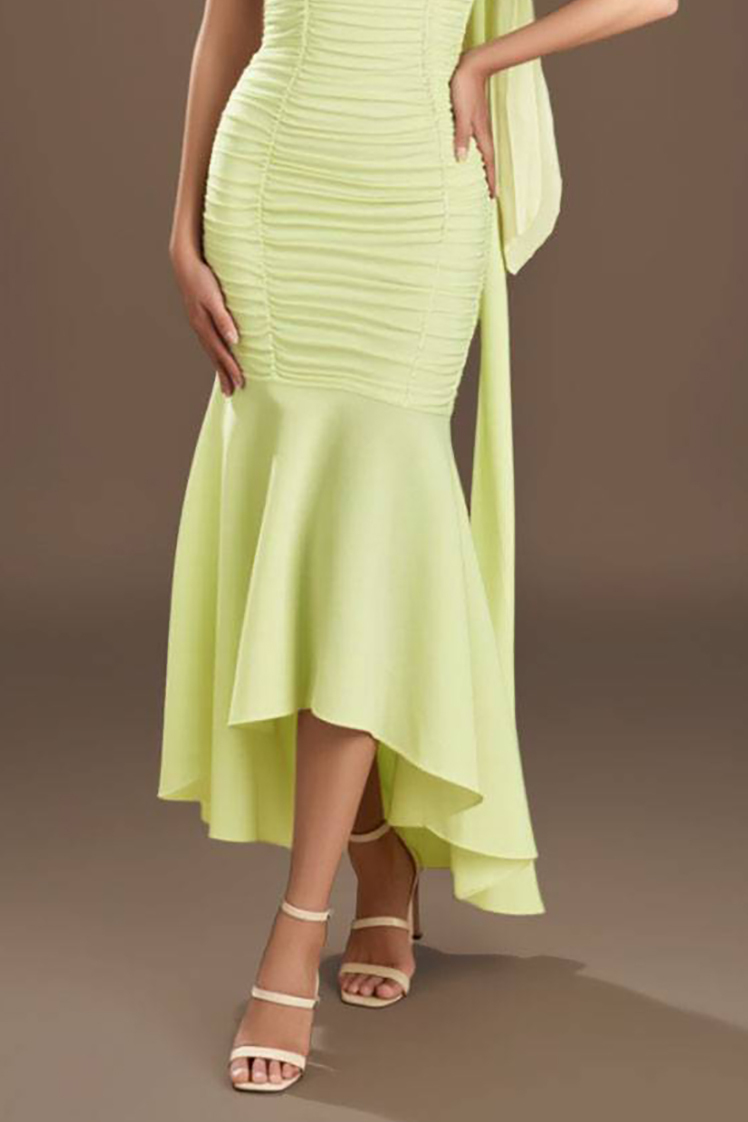 Holiday Party Halter Neck Dress Light Green Strapless Ruched Mermaid Midi Dress