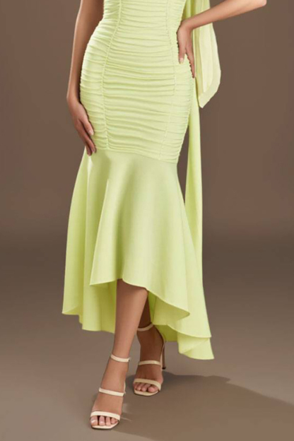 Holiday Party Halter Neck Dress Light Green Strapless Ruched Mermaid Midi Dress