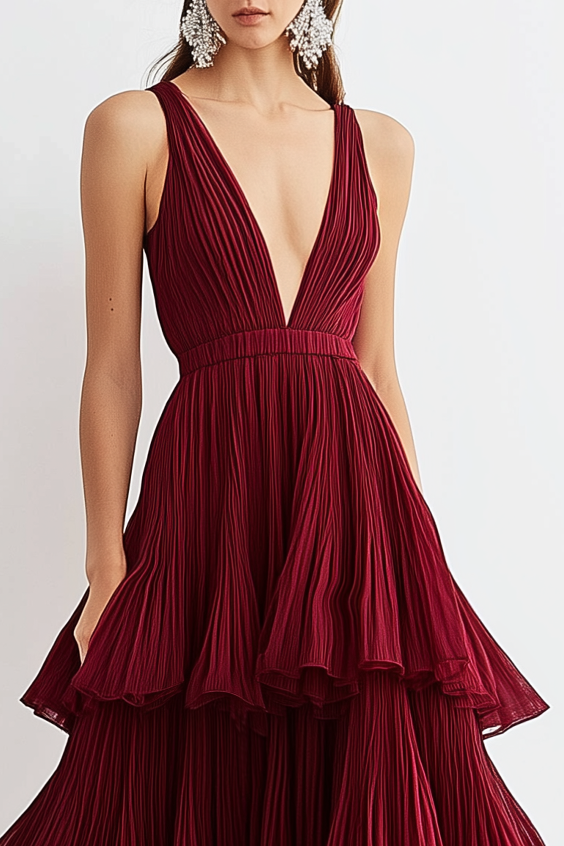 Formal Tiered Layer Dress Red Sleeveless Deep V Pleated Floor-Length Gown