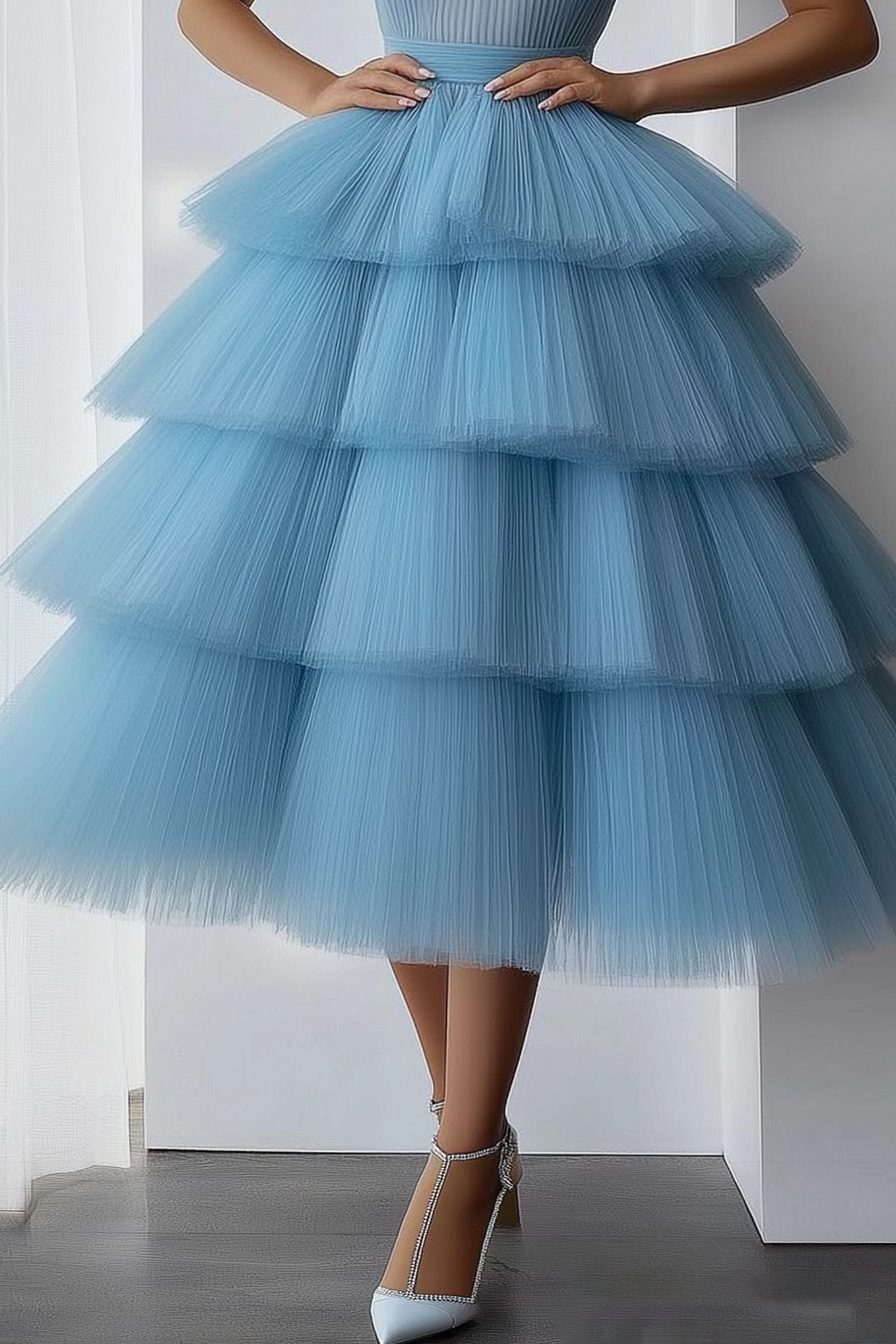 Prom Tiered Layer Dress Blue Halter Neck Sleeveless Pleated Tulle Midi Dress