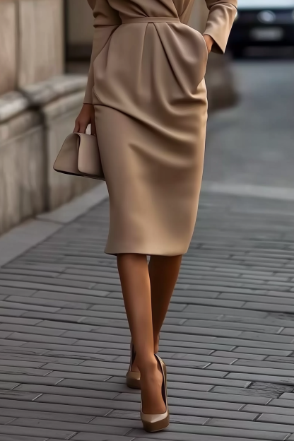 Work Blazer Dress Light Brown Cross Neck Long Sleeve Pocket Midi Dress