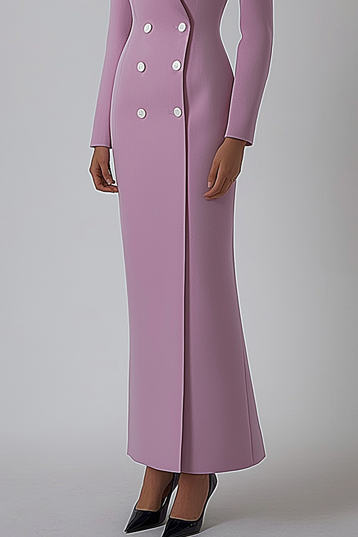 Work Blazer Dress Light Purple Lapel Long Sleeve Button Maxi Dress