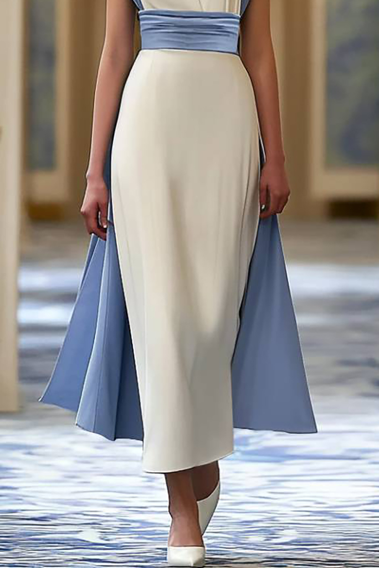 Semi Formal Party Blue White Sleeveless V Neck Midi Dress