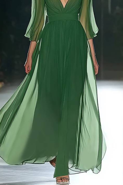 Vacation Dress Green Chiffon Deep V Maxi Dress