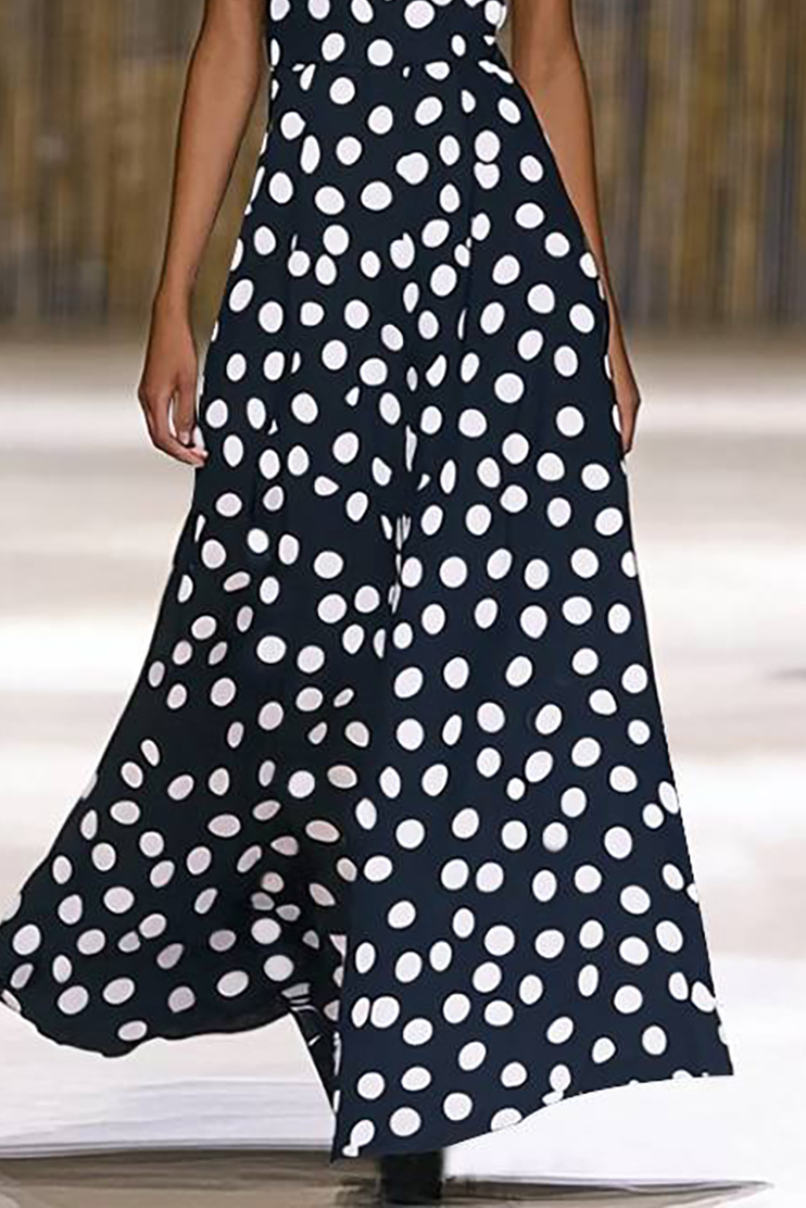 Holiday Party Dress Black White Polka Dot Puff Sleeve Maxi Dress