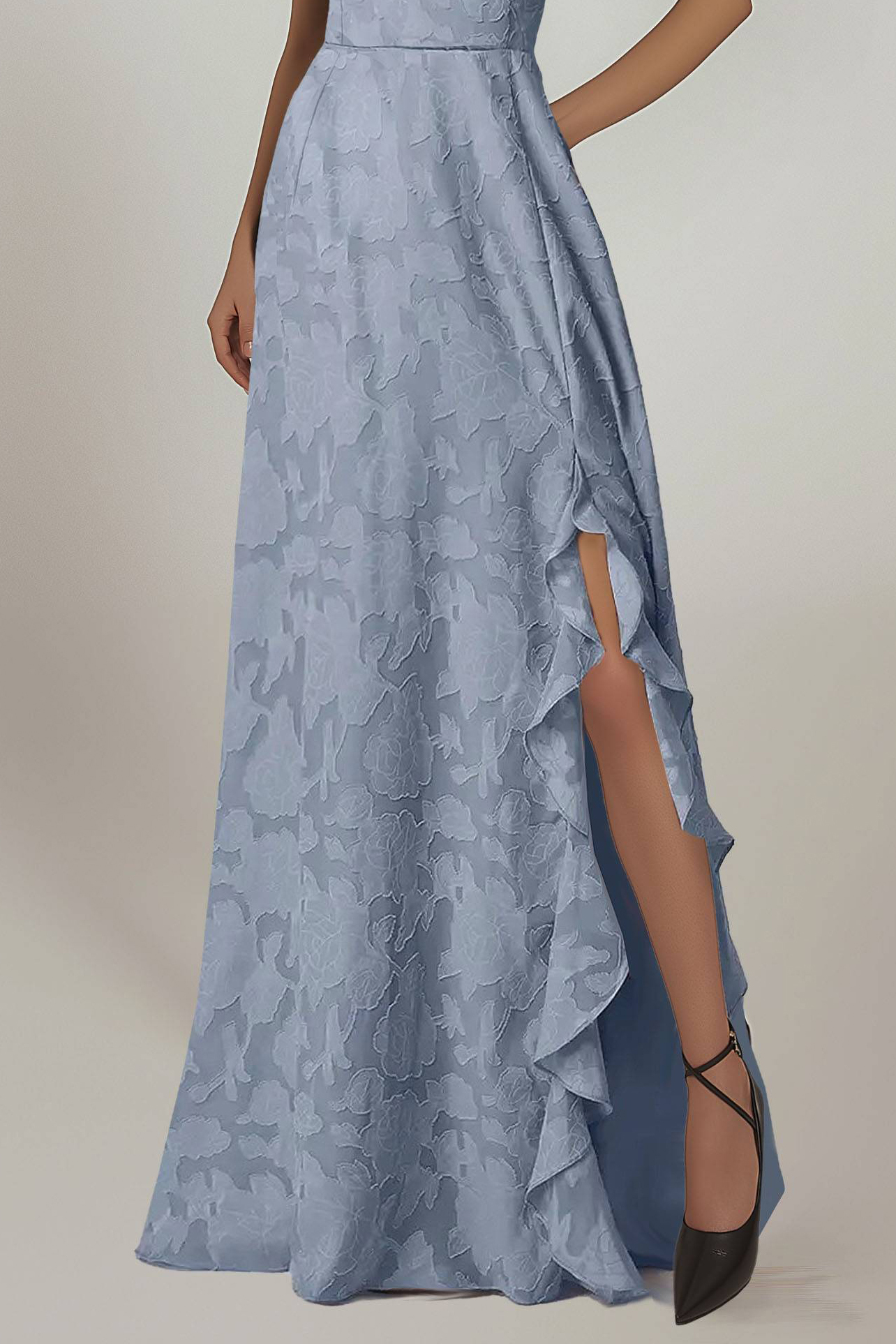 Formal Evening Dress Blue Sleeveless Side Slit Ruffle Floor-Length Gown