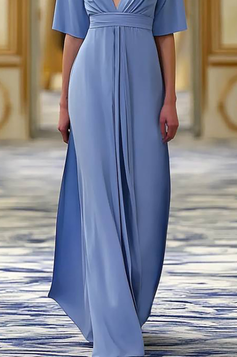 Vacation Dress Blue Deep V Half Sleeve Loose Floor-Length Dress