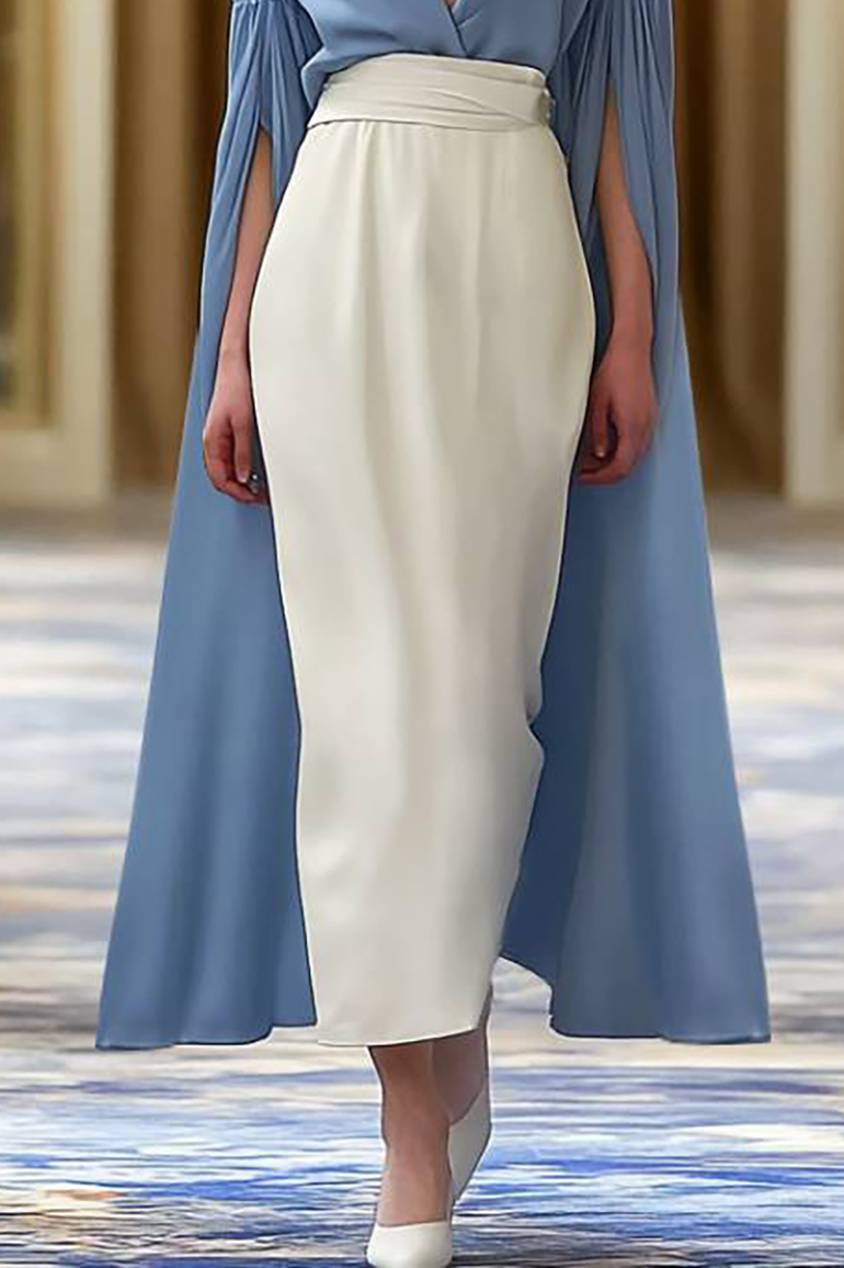 Semiformal Party Dress Blue White Deep V Cape Sleeve Midi Dress