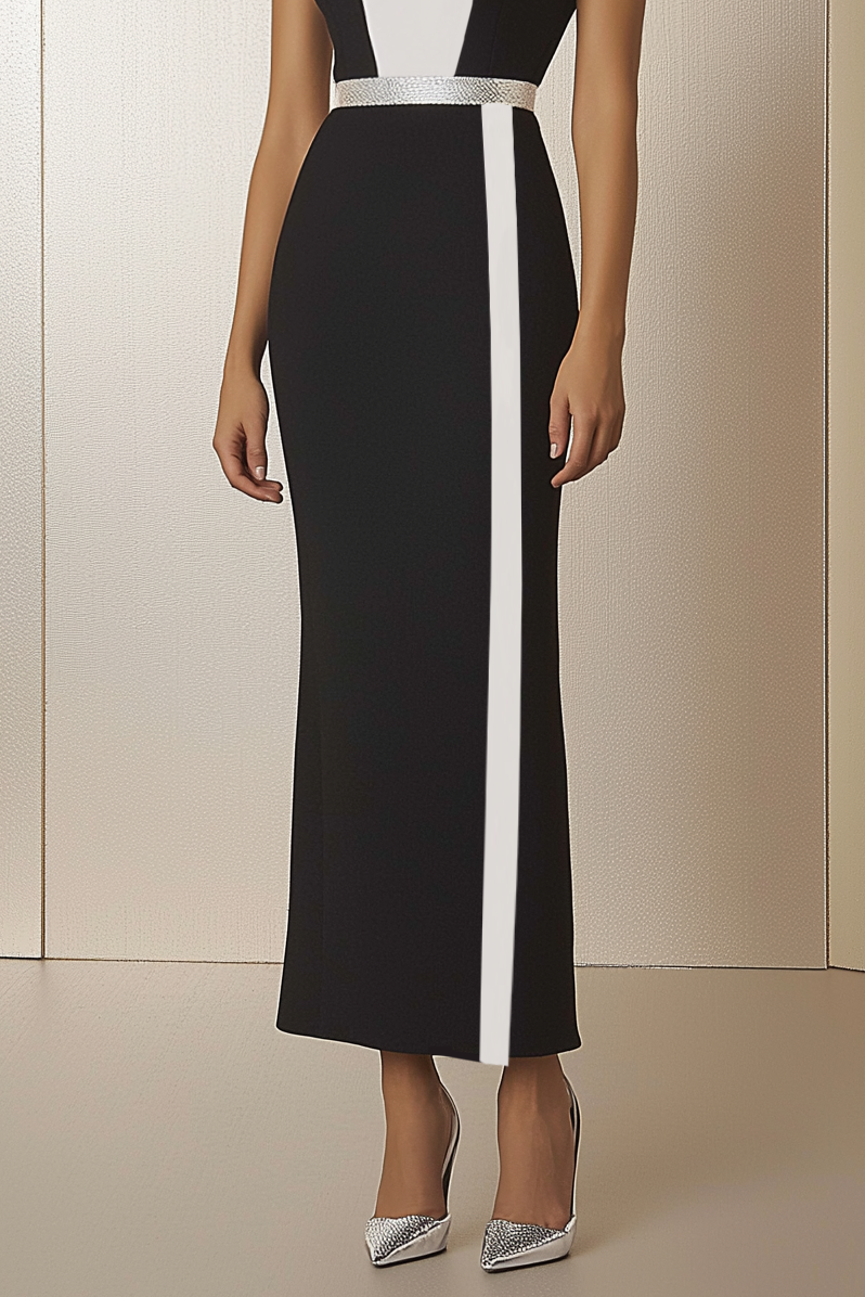 Semi Formal Party Dress Black White Stand Collar Sleeveless Bodycon Maxi Dress