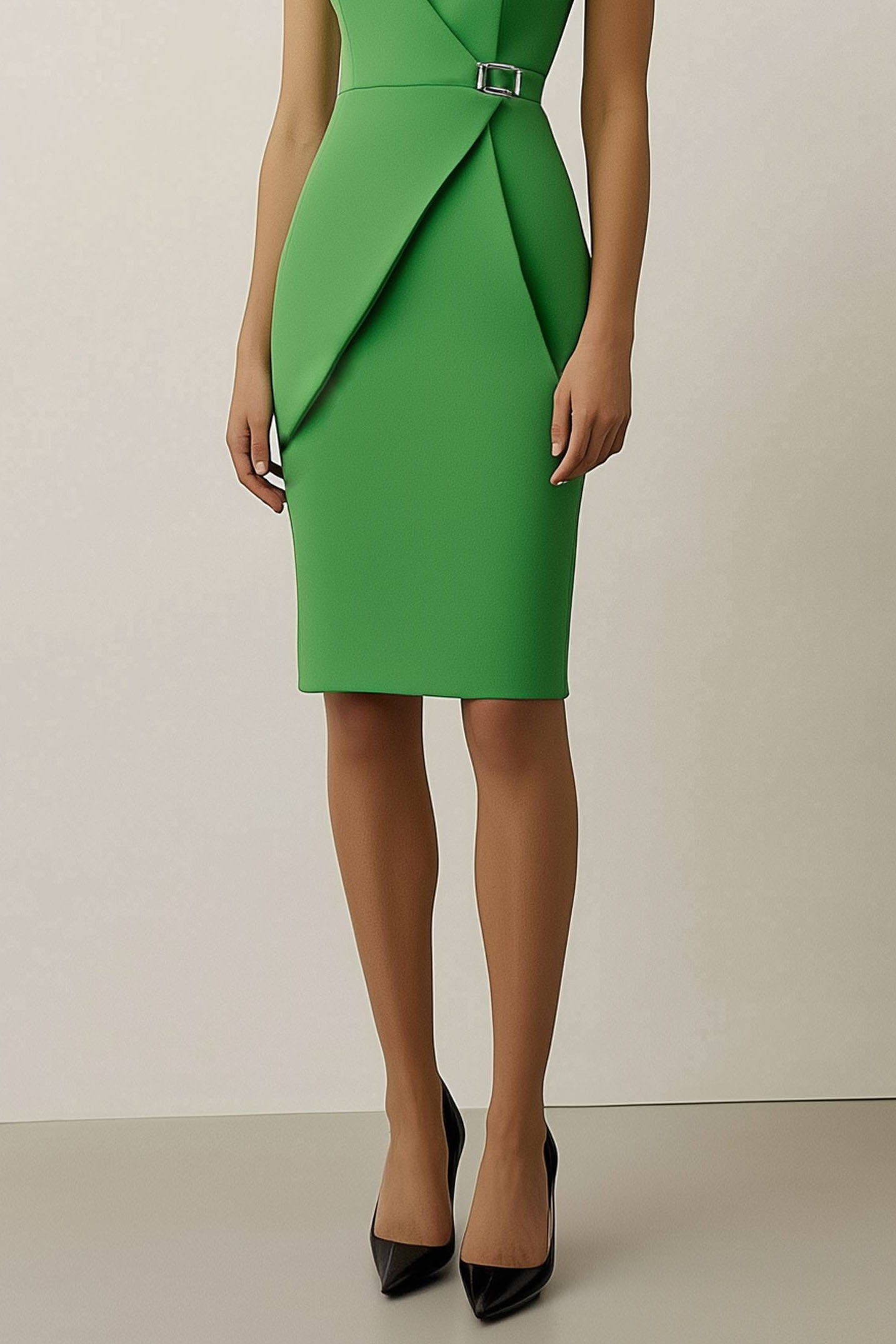 Work Semi Formal Dress Green Sleeveless Metal Button Waist Knee Length