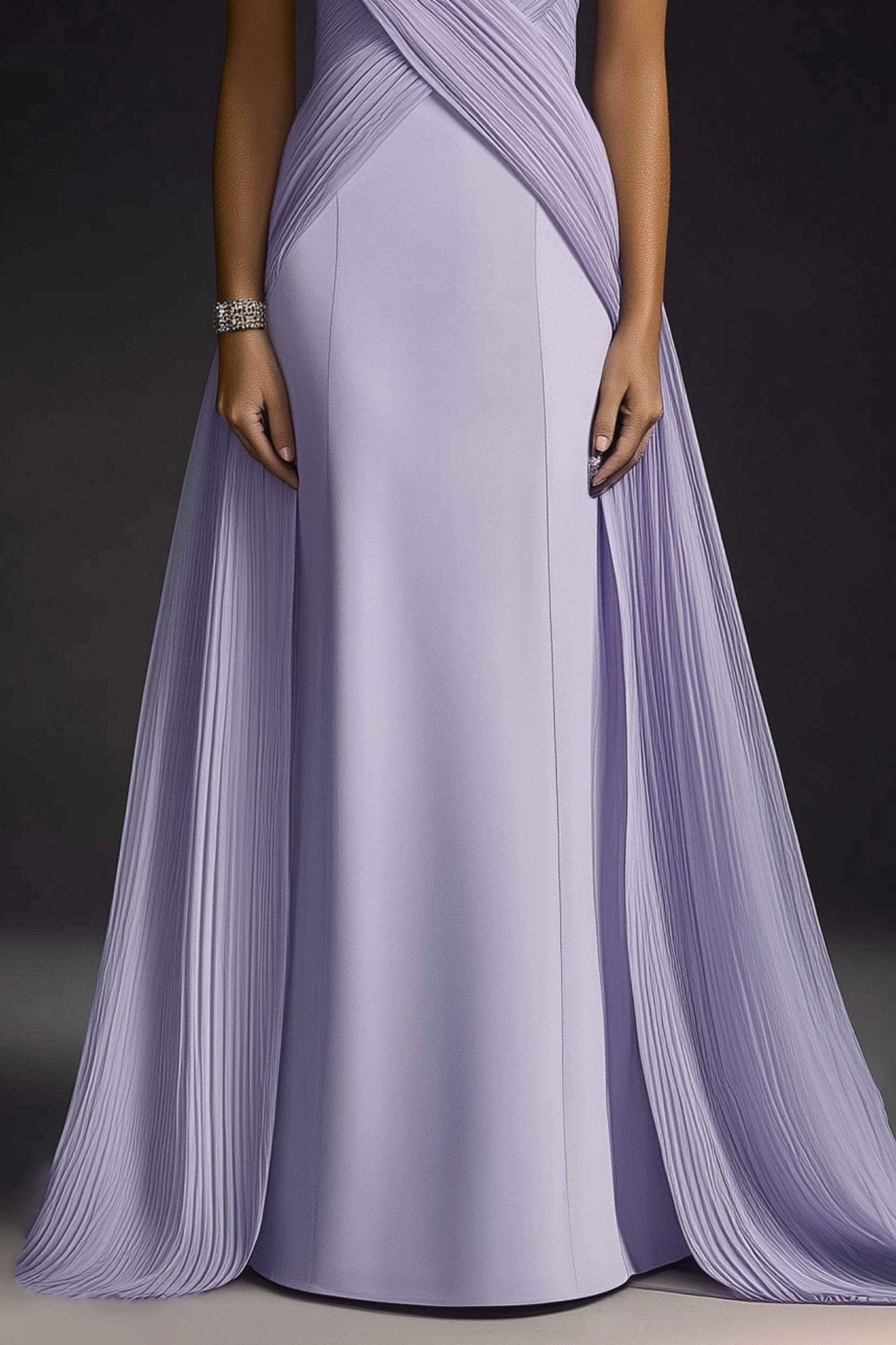 Formal Evening Dress Purple Stand Collar Pleated Train Gown