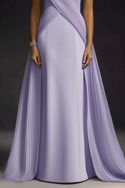 Formal Evening Dress Purple Stand Collar Pleated Train Gown