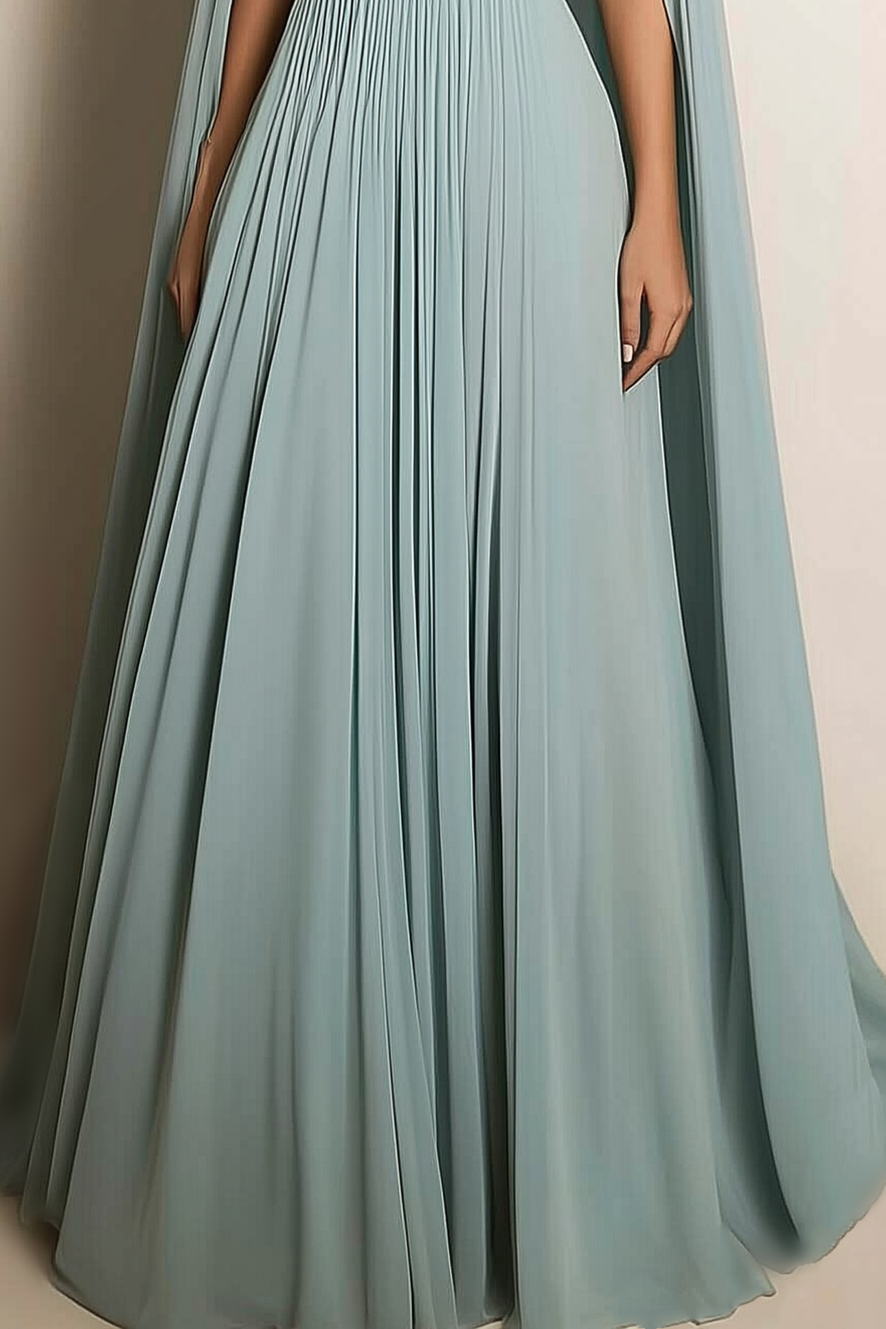 Formal Evening Dress Light Green V-Neck Pleated Cape Floor-Length Gown