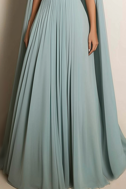 Formal Evening Dress Light Green V-Neck Pleated Cape Floor-Length Gown