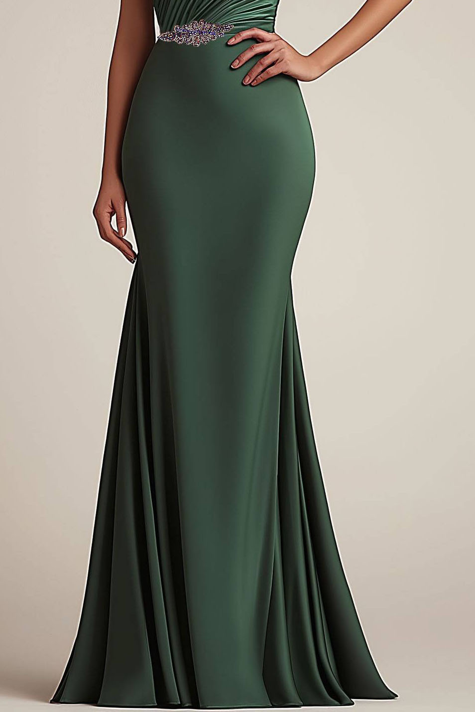 Formal Evening Dress Green One Shoulder Pleated Mermaid Floor-Length Gown