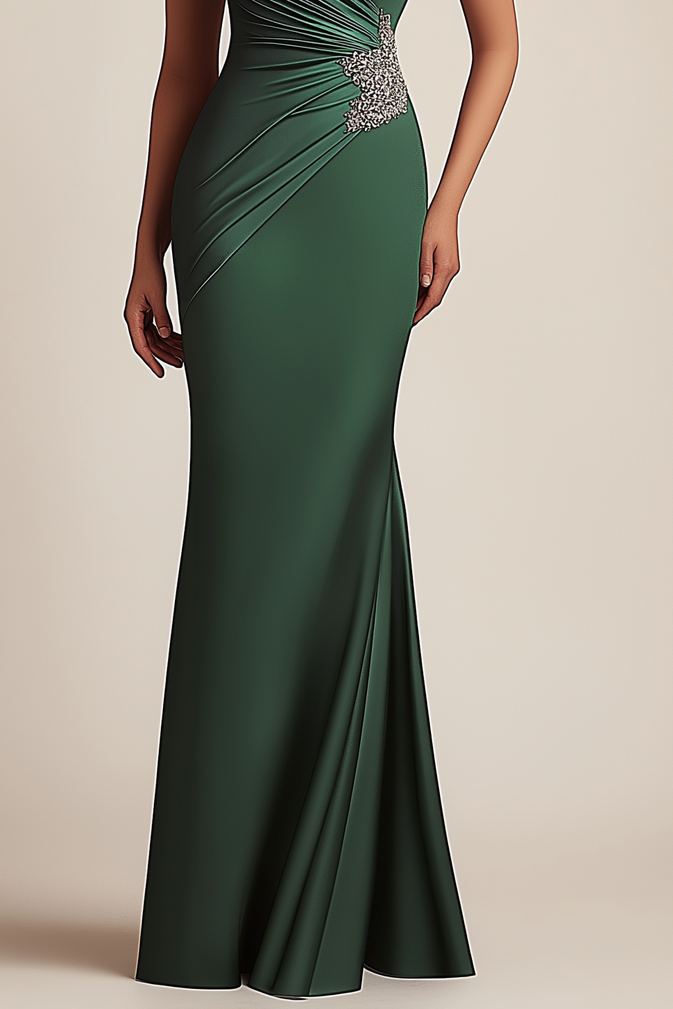 Formal Evening Dress Green One Shoulder Pleated Rhinestone Floor-Length Gown