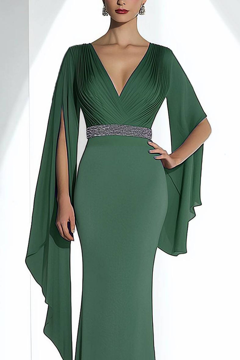 Elegant Green Dress Deep V-Neck Draped Cape Sleeve Long Dress